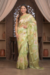 Bengal Gatha ~ Designer Organza Silk Saree with Digital Print in Lemon Yellow and Green