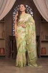 Bengal Gatha ~ Designer Organza Silk Saree with Digital Print in Lemon Yellow and Green