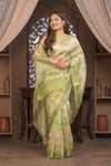 Bengal Gatha ~ Designer Organza Silk Saree with Digital Print in Lemon Yellow and Green