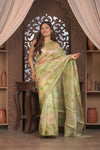 Bengal Gatha ~ Designer Organza Silk Saree with Digital Print in Lemon Yellow and Green