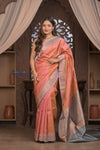 Kashi ~ Handloom Banarasi High Quality Pure Silk Saree in Peach and Blue (Silk Mark Certified)