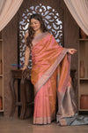 Kashi ~ Handloom Banarasi High Quality Pure Silk Saree in Peach and Blue (Silk Mark Certified)