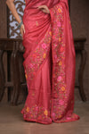 Bengal Gatha ~ Handloom Tussar Silk Saree with Handwoven Floral Kantha Work in Mauve Pink