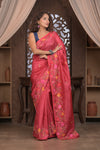 Bengal Gatha ~ Handloom Tussar Silk Saree with Handwoven Floral Kantha Work in Mauve Pink