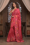 Bengal Gatha ~ Handloom Tussar Silk Saree with Handwoven Floral Kantha Work in Mauve Pink