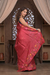 Bengal Gatha ~ Handloom Tussar Silk Saree with Handwoven Floral Kantha Work in Mauve Pink