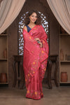 Bengal Gatha ~ Handloom Tussar Silk Saree with Handwoven Floral Kantha Work in Mauve Pink