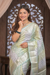 Bengal Gatha ~ Designer Chanderi Cotton Silk Saree with Circular Pattern in Pastel Mint Green