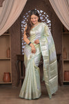 Bengal Gatha ~ Designer Chanderi Cotton Silk Saree with Circular Pattern in Pastel Mint Green