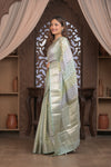 Bengal Gatha ~ Designer Chanderi Cotton Silk Saree with Circular Pattern in Pastel Mint Green