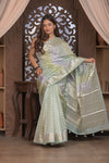Bengal Gatha ~ Designer Chanderi Cotton Silk Saree with Circular Pattern in Pastel Mint Green