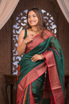 Bengal Gatha ~ Designer Chanderi Cotton Silk Saree with Digital Bandhani Print in Royal Green and Red
