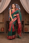 Bengal Gatha ~ Designer Chanderi Cotton Silk Saree with Digital Bandhani Print in Royal Green and Red