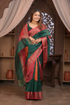 Bengal Gatha ~ Designer Chanderi Cotton Silk Saree with Digital Bandhani Print in Royal Green and Red
