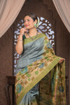 Bengal Gatha ~ Handloom Tussar Silk Saree with Handpainted Leaves in Shades of Grey