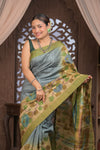 Bengal Gatha ~ Handloom Tussar Silk Saree with Handpainted Leaves in Shades of Grey