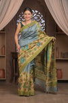 Bengal Gatha ~ Handloom Tussar Silk Saree with Handpainted Leaves in Shades of Grey