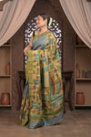 Bengal Gatha ~ Handloom Tussar Silk Saree with Handpainted Leaves in Shades of Grey