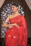 Kashi ~ Handloom Pure Silk High Quality Kora Saree in Crescent Red with Buttis (Silk Mark Certified)