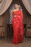 Kashi ~ Handloom Pure Silk High Quality Kora Saree in Crescent Red with Buttis (Silk Mark Certified)