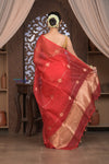 Kashi ~ Handloom Pure Silk High Quality Kora Saree in Crescent Red with Buttis (Silk Mark Certified)