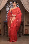 Kashi ~ Handloom Pure Silk High Quality Kora Saree in Crescent Red with Buttis (Silk Mark Certified)