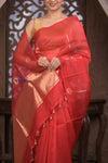 Kashi ~ Handloom Pure Silk High Quality Kora Saree in Crescent Red with Buttis (Silk Mark Certified)