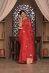 Kashi ~ Handloom Pure Silk High Quality Kora Saree in Crescent Red with Buttis (Silk Mark Certified)