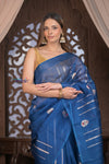 Kashi ~ Handloom Pure Silk High Quality Kora Saree in Marine Blue with Buttis (Silk Mark Certified)