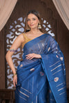 Kashi ~ Handloom Pure Silk High Quality Kora Saree in Marine Blue with Buttis (Silk Mark Certified)