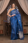 Kashi ~ Handloom Pure Silk High Quality Kora Saree in Marine Blue with Buttis (Silk Mark Certified)