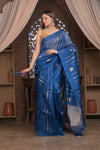 Kashi ~ Handloom Pure Silk High Quality Kora Saree in Marine Blue with Buttis (Silk Mark Certified)