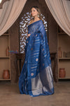 Kashi ~ Handloom Pure Silk High Quality Kora Saree in Marine Blue with Buttis (Silk Mark Certified)