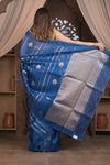 Kashi ~ Handloom Pure Silk High Quality Kora Saree in Marine Blue with Buttis (Silk Mark Certified)
