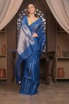 Kashi ~ Handloom Pure Silk High Quality Kora Saree in Marine Blue with Buttis (Silk Mark Certified)