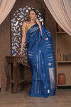 Kashi ~ Handloom Pure Silk High Quality Kora Saree in Marine Blue with Buttis (Silk Mark Certified)