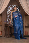 Kashi ~ Handloom Pure Silk High Quality Kora Saree in Marine Blue with Buttis (Silk Mark Certified)