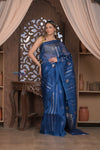 Kashi ~ Handloom Pure Silk High Quality Kora Saree in Marine Blue with Buttis (Silk Mark Certified)