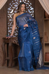 Kashi ~ Handloom Pure Silk High Quality Kora Saree in Marine Blue with Buttis (Silk Mark Certified)