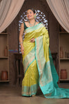 Kashi ~ Handloom Banarasi Pure Silk Saree in Yellow and Sea Blue (Silk Mark Certified)