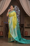Kashi ~ Handloom Banarasi Pure Silk Saree in Yellow and Sea Blue (Silk Mark Certified)