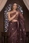 Kashi ~ Handloom Pure Silk High Quality Kora Saree in Dark Brown with Buttis (Silk Mark Certified)