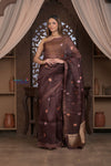 Kashi ~ Handloom Pure Silk High Quality Kora Saree in Dark Brown with Buttis (Silk Mark Certified)