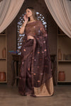 Kashi ~ Handloom Pure Silk High Quality Kora Saree in Dark Brown with Buttis (Silk Mark Certified)