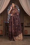 Kashi ~ Handloom Pure Silk High Quality Kora Saree in Dark Brown with Buttis (Silk Mark Certified)