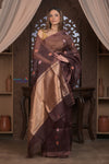 Kashi ~ Handloom Pure Silk High Quality Kora Saree in Dark Brown with Buttis (Silk Mark Certified)