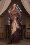 Kashi ~ Handloom Pure Silk High Quality Kora Saree in Dark Brown with Buttis (Silk Mark Certified)