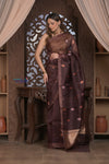 Kashi ~ Handloom Pure Silk High Quality Kora Saree in Dark Brown with Buttis (Silk Mark Certified)