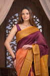 Bengal Gatha ~ Designer Chanderi Cotton Silk Saree with Digital Bandhani Print in Maroon and Yellow