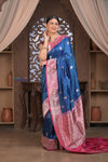 Kashi ~ Handloom Banarasi High Quality Pure Silk Saree in Dark Blue and Pink (Silk Mark Certified)